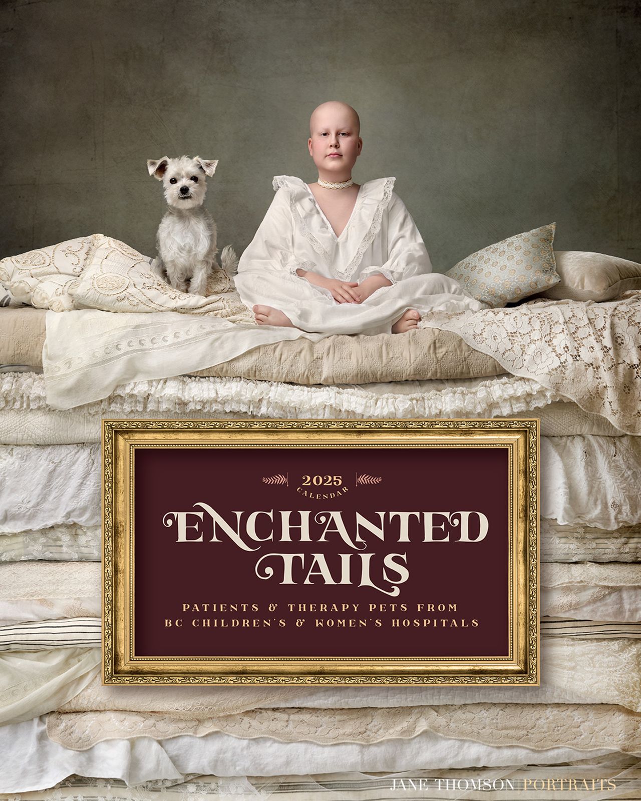 Enchanted Tails 2025 calendar cover with a patient and a therapy dog on a stack of mattresses